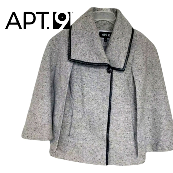 APT 9 Tweed Cape Soft Gray Wool Blend Lined Faux Leather Trim Pockets SM NWT - Picture 16 of 16